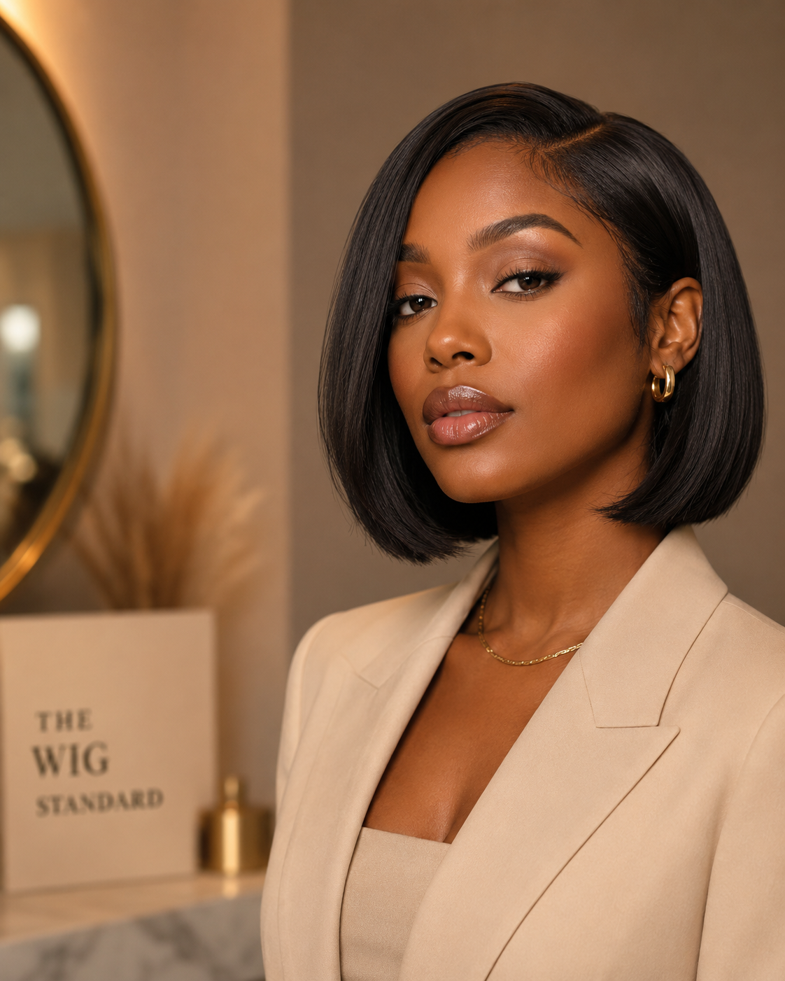 Black woman wearing a polished bob wig in a warm beauty studio