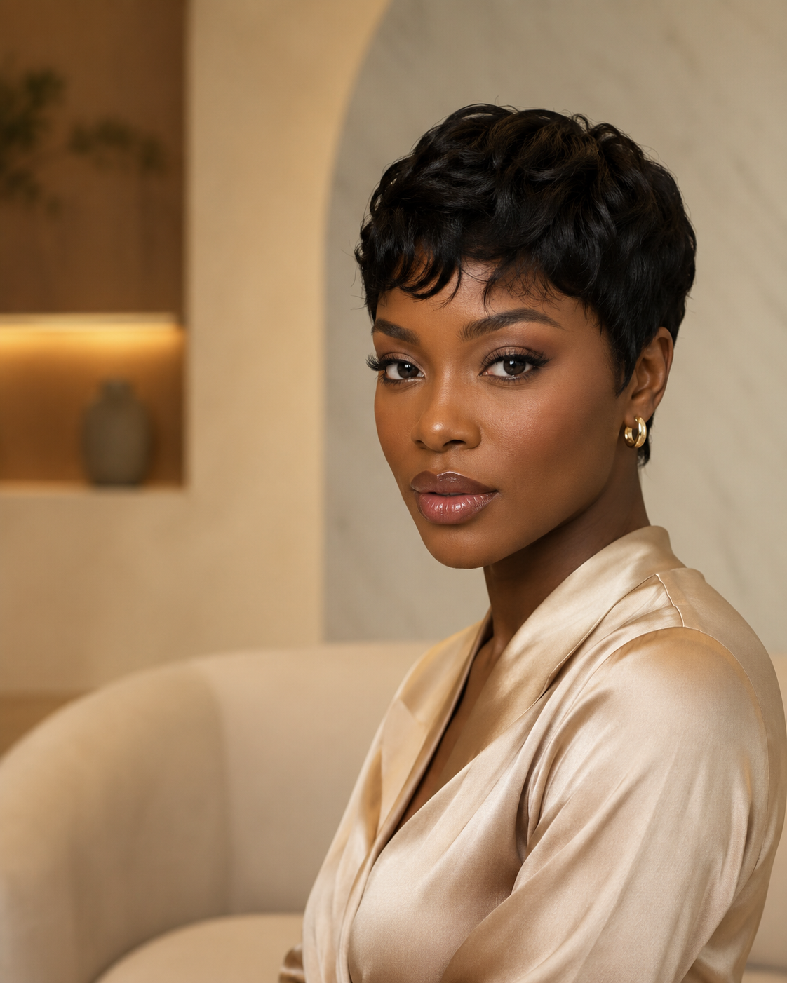 Black woman wearing a polished short wig in a warm beauty studio