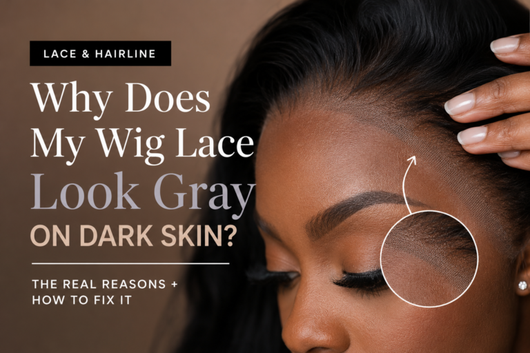 Close-up of a dark-skinned Black woman showing gray-looking lace along the hairline of a lace-front wig