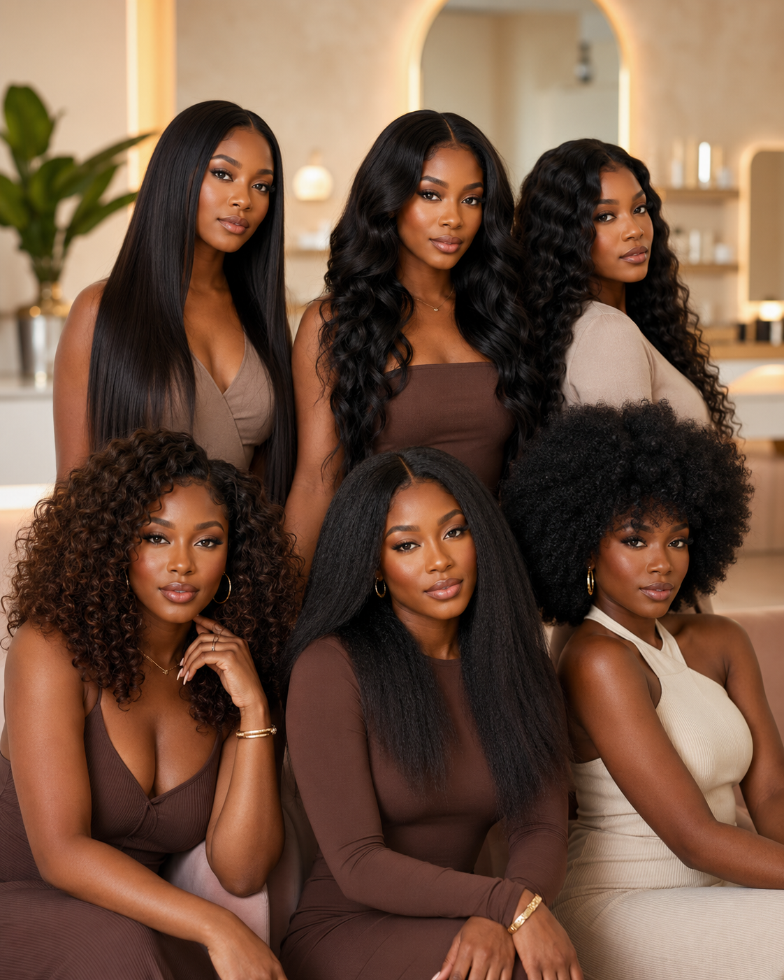 Black woman reviewing different wig textures in a warm beauty studio