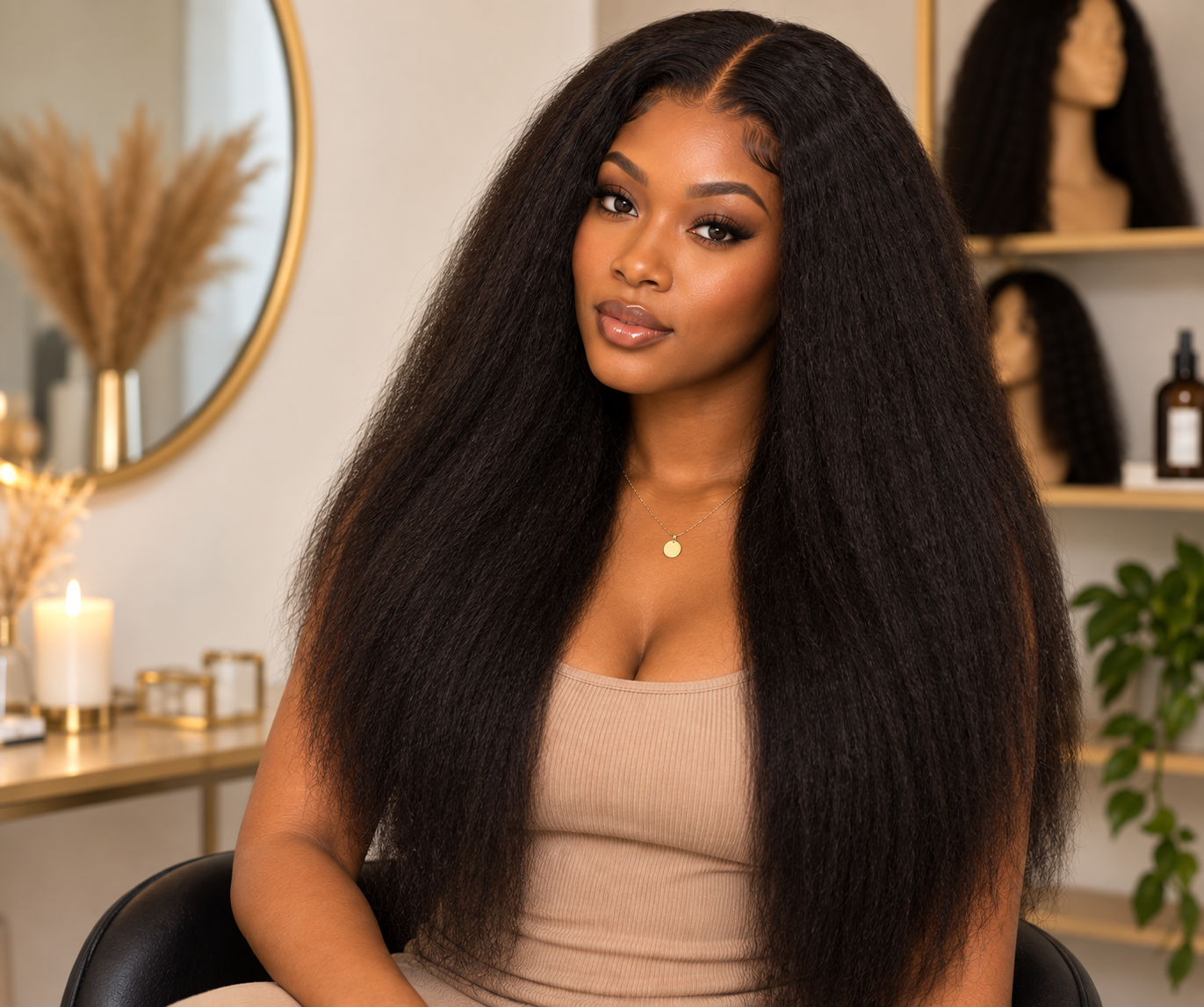African woman wearing a full kinky straight wig with blowout-inspired texture