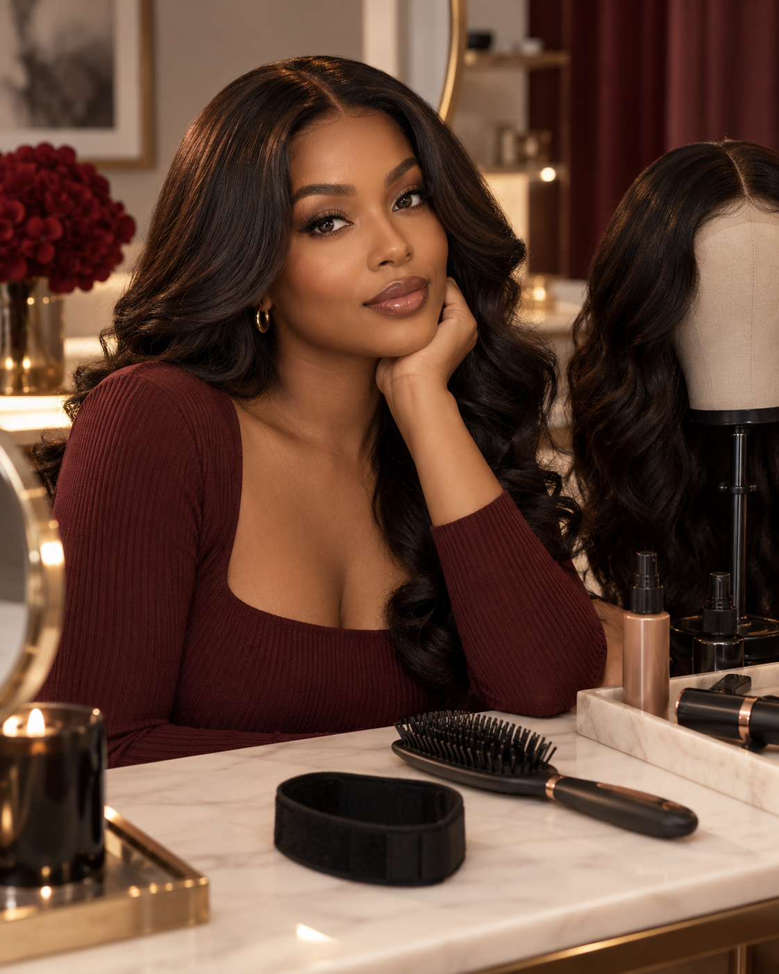 Woman of color at a vanity with wigs and wig care accessories