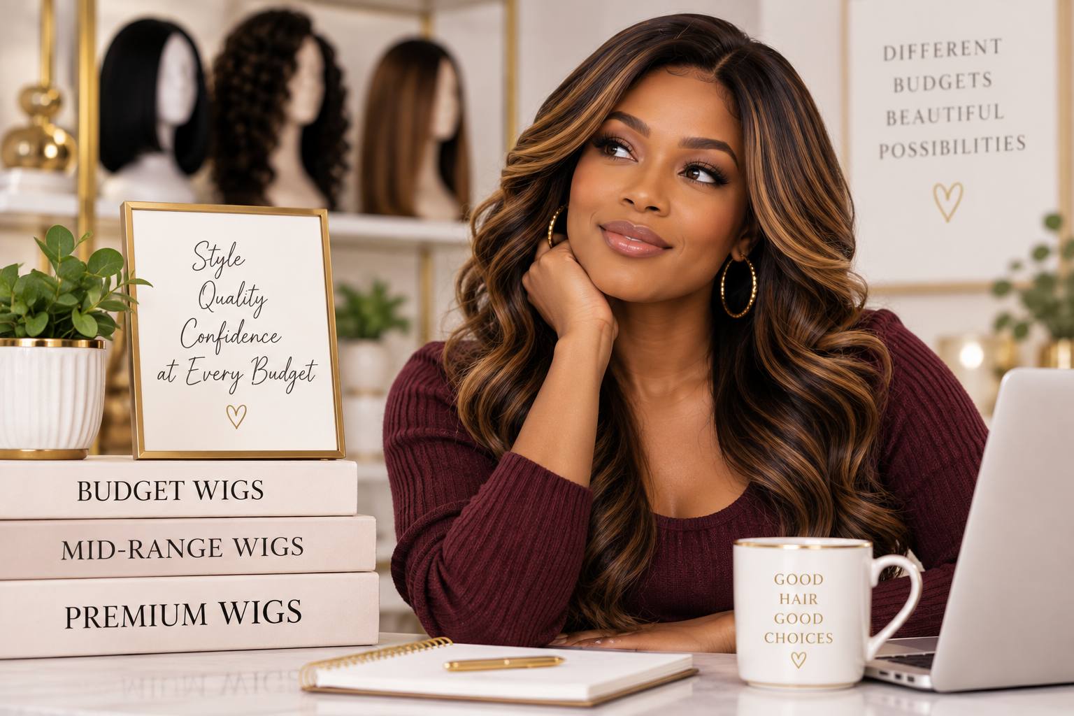 Woman of color wearing a polished natural-looking wig in a beauty studio